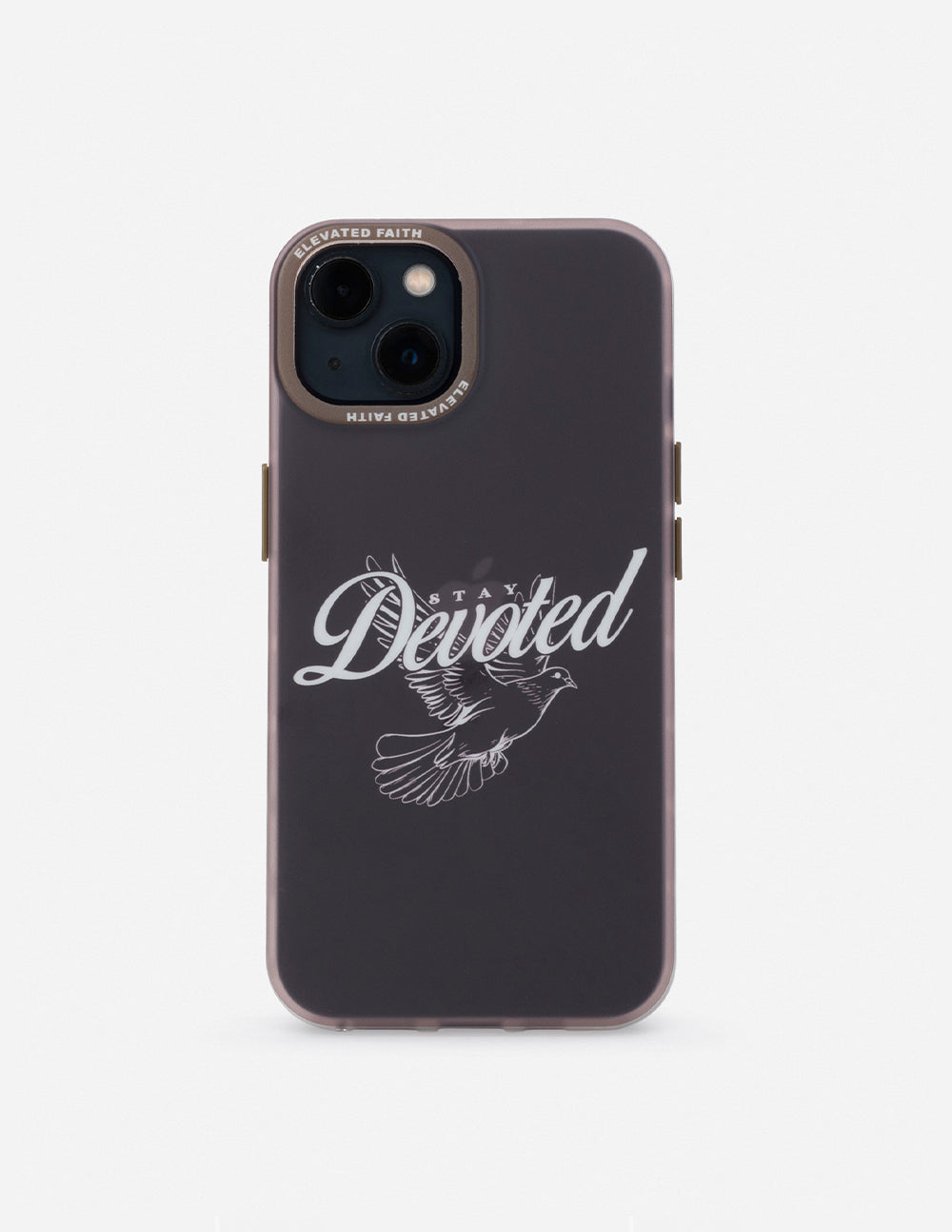 Dark phone case with Devoted script and feather graphic, camera cutouts