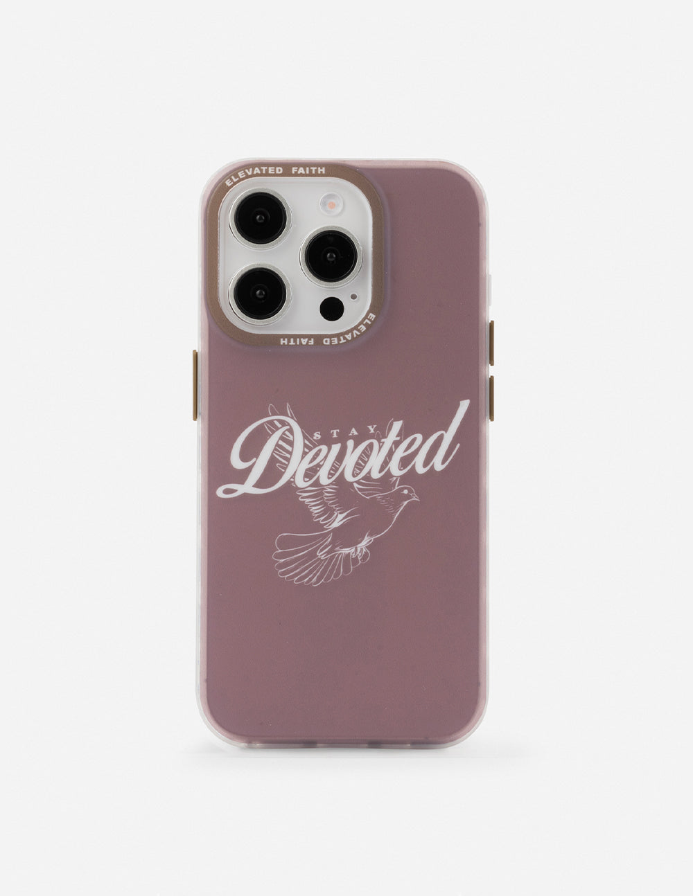 Mauve phone case with Devoted script and feather graphic, camera cutouts