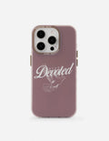 Mauve phone case with Devoted script and feather graphic, camera cutouts