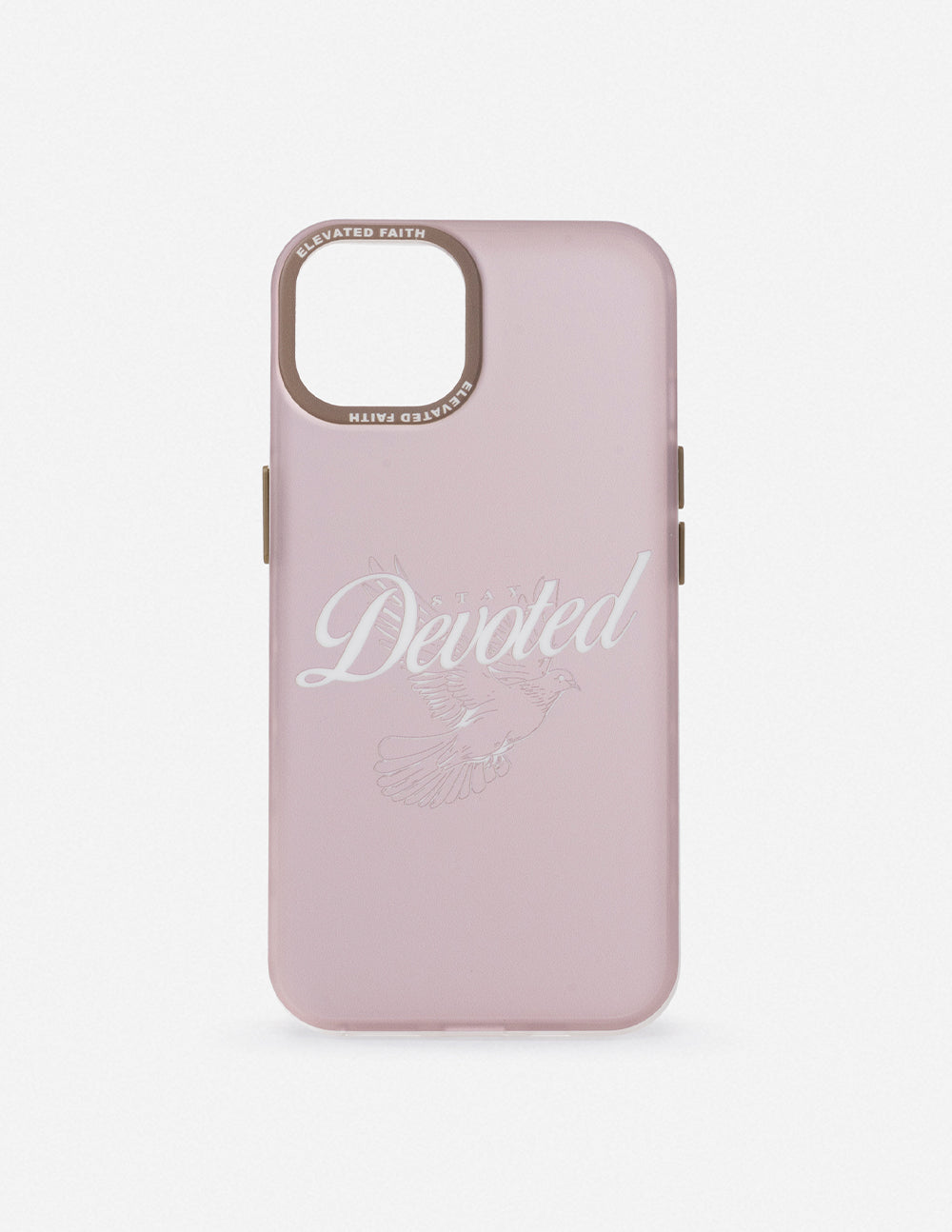 Light pink phone case with Devoted script and feather graphic, lens opening
