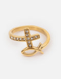 Gold-tone ring with cross charm, clear stones, openwork center