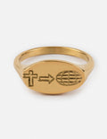 Disciple ring, gold-tone band with engraved cross and globe arrow emblem