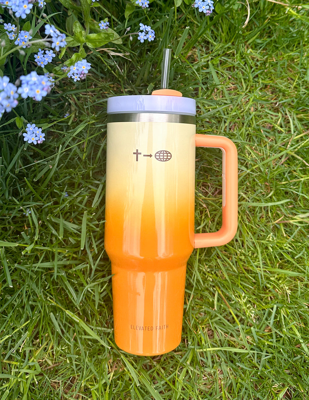 40 oz faith tumbler with orange handle, silver lid, and cream-to-orange gradient body