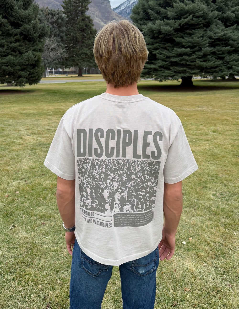 Heavyweight T-shirt, light gray, with large "DISCIPLES" back graphic
