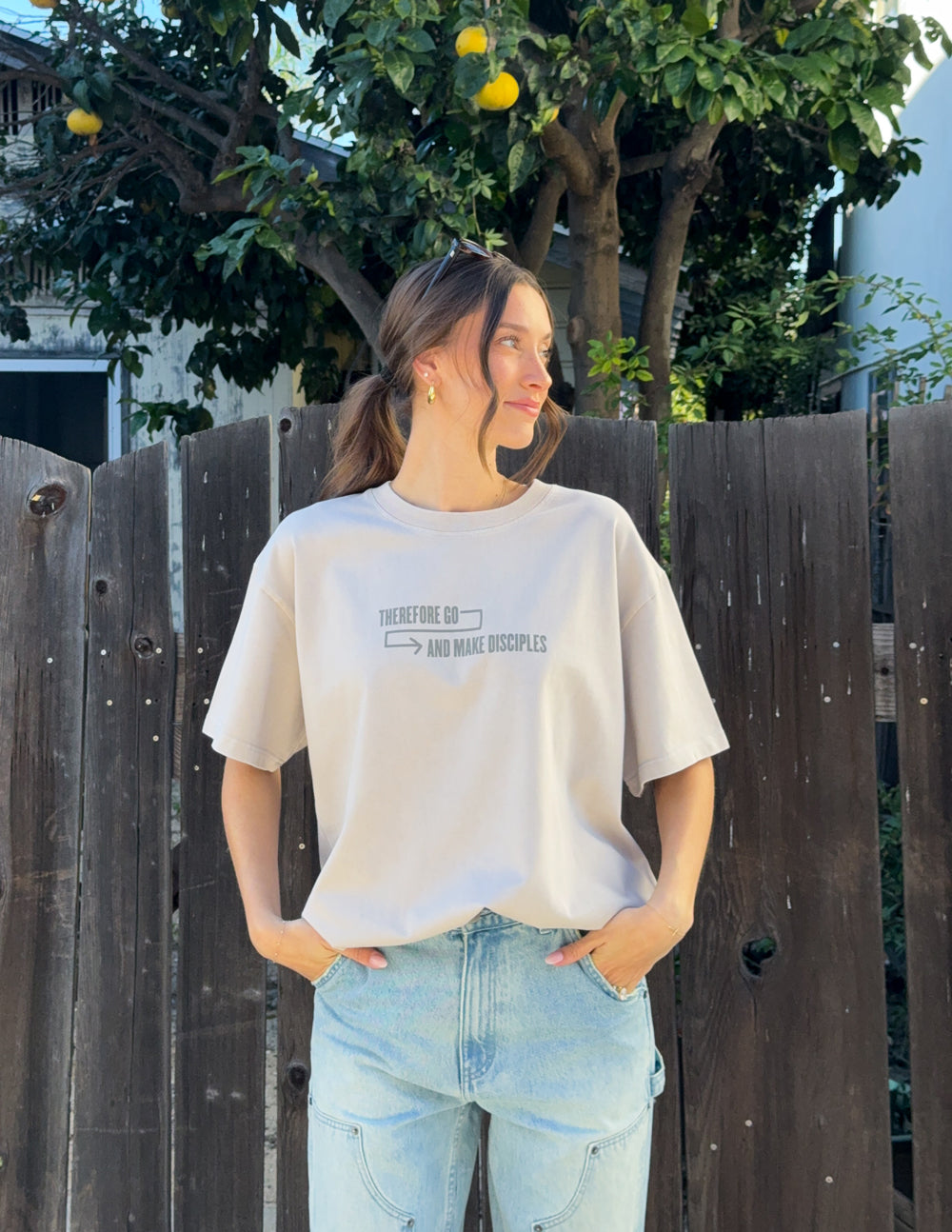 Heavyweight T-shirt, cream, with small chest text and arrow graphic
