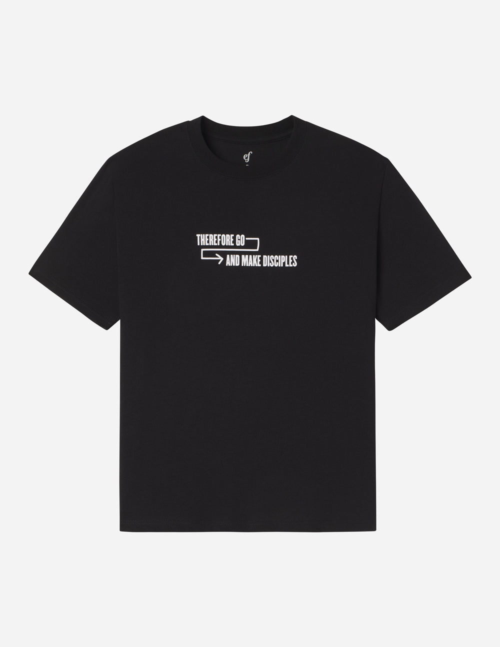 Unisex T-shirt in black with small white arrow-and-text logo on the chest