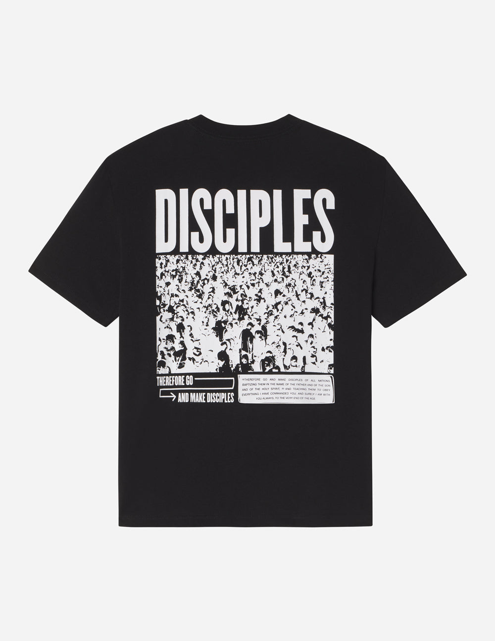 Unisex T-shirt, black, with large white DISCIPLES front graphic and photo-style print