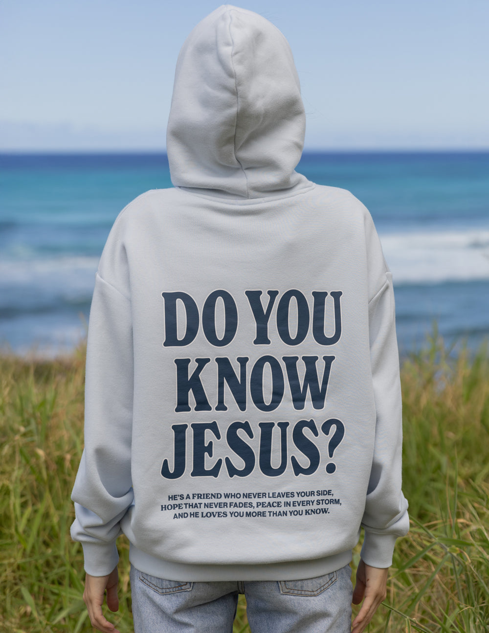 Light gray unisex hoodie with 'DO YOU KNOW JESUS?' back graphic
