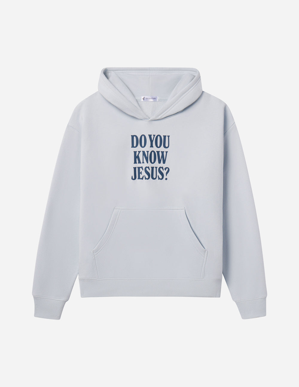 Light blue hoodie front view with centered “DO YOU KNOW JESUS?” graphic