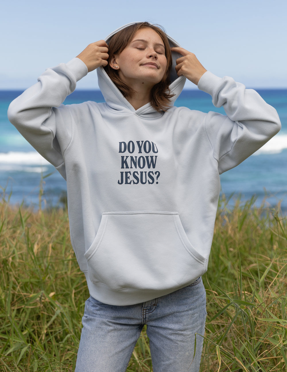 Light gray unisex hoodie with front 'DO YOU KNOW JESUS?' graphic and hood