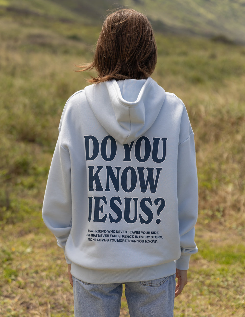 Light gray unisex hoodie with 'DO YOU KNOW JESUS?' back graphic