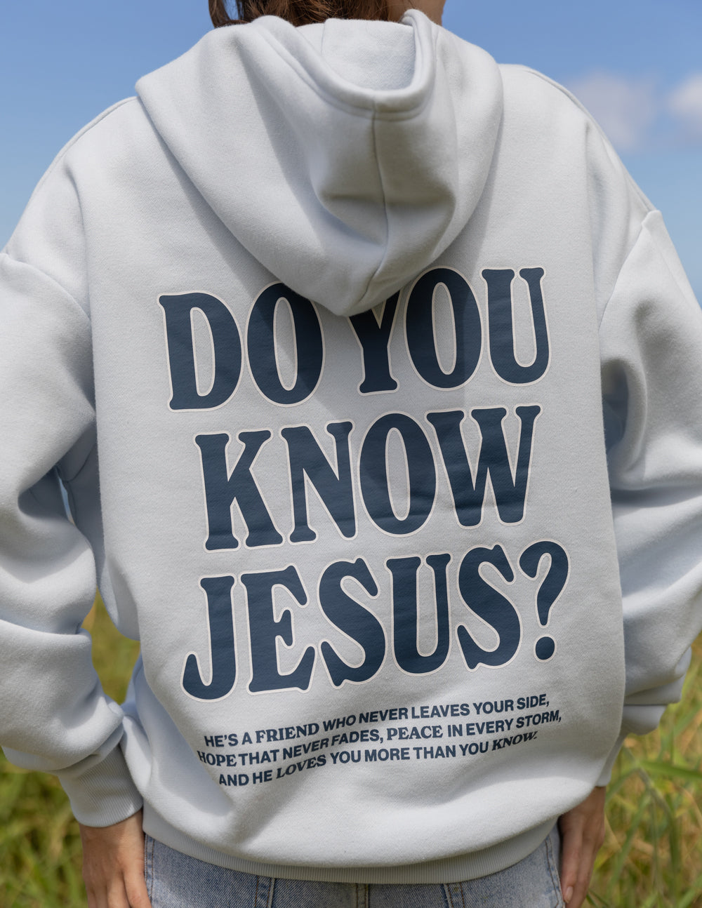 Light gray unisex hoodie back graphic close-up with 'DO YOU KNOW JESUS?'