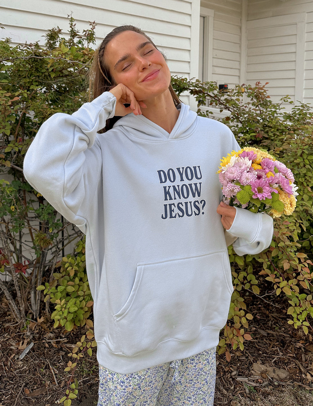 Light gray unisex hoodie with front 'DO YOU KNOW JESUS?' graphic and hood