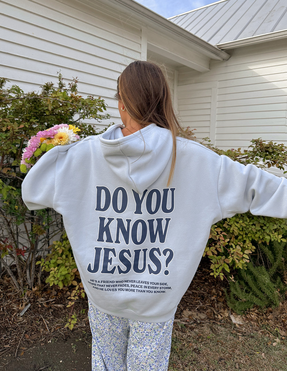 Light gray unisex hoodie with 'DO YOU KNOW JESUS?' back graphic