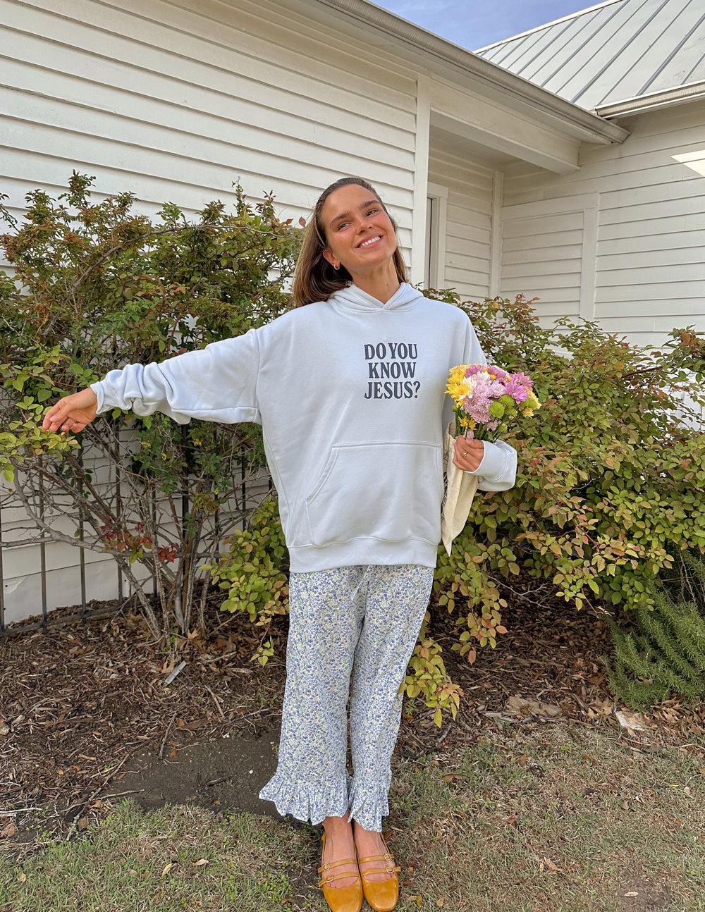 Light gray unisex hoodie with front 'DO YOU KNOW JESUS?' graphic and hood