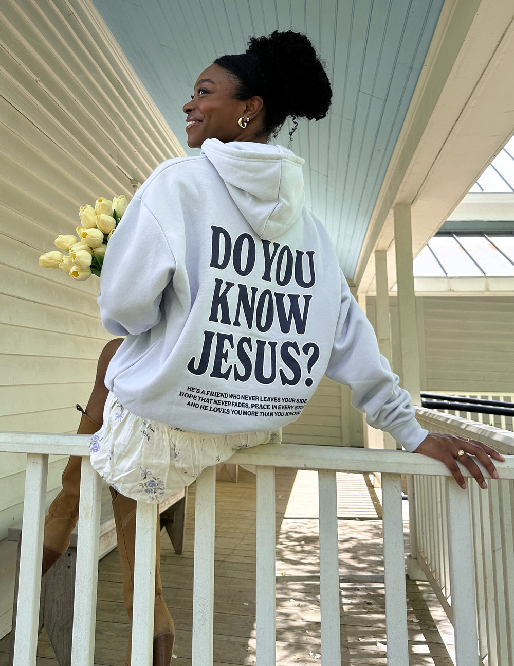 Light gray unisex hoodie with 'DO YOU KNOW JESUS?' back graphic