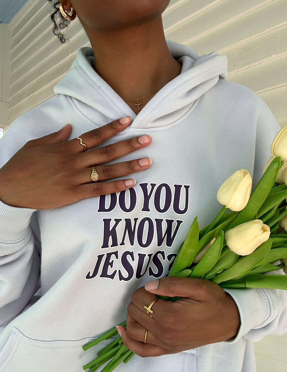 Light blue unisex hoodie with front pocket and “Do You Know Jesus?” print