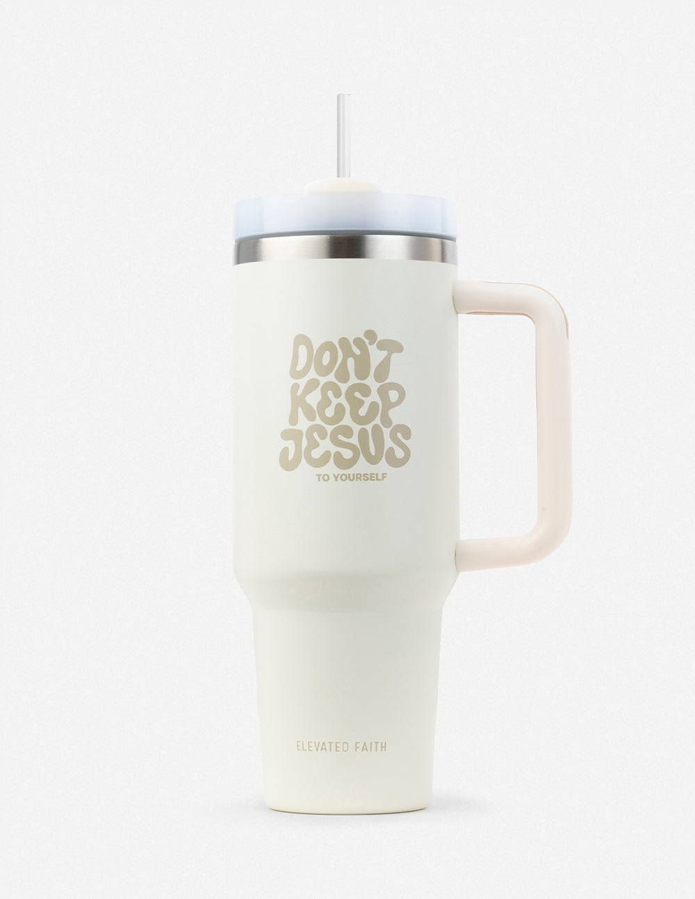 Cream 40 oz insulated tumbler with silver lid, straw, and side handle