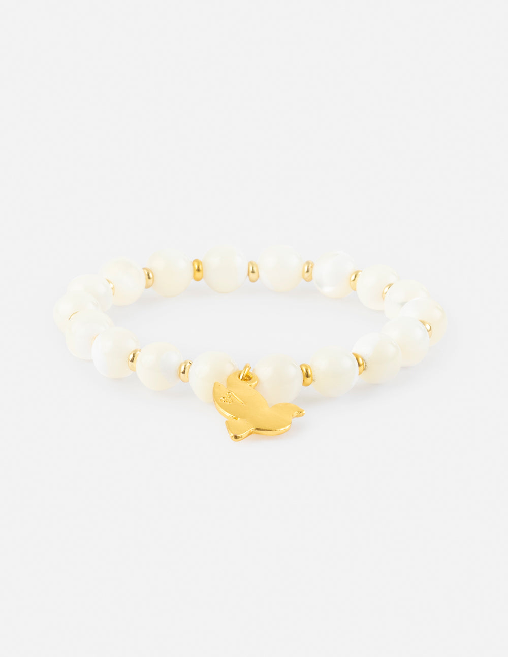 White pearl beaded bracelet with a centered gold dove charm