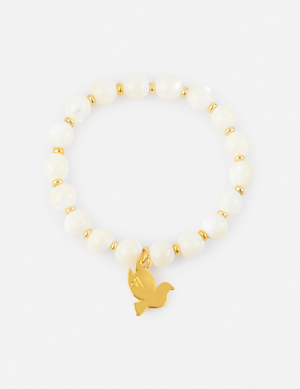 White beaded charm bracelet with gold dove charm and small gold spacer beads