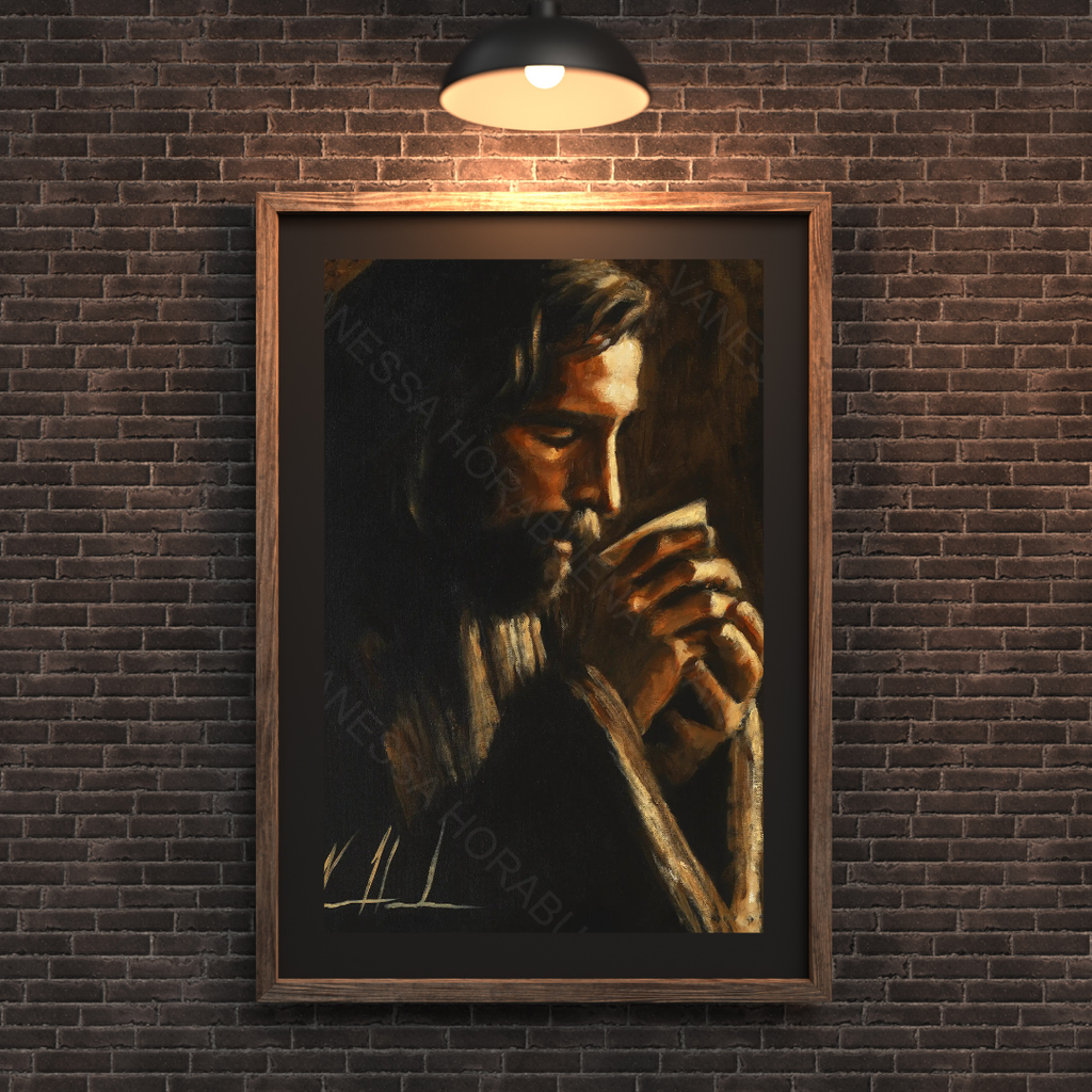 Framed portrait artwork of a man holding a cup, dark tones with warm highlights