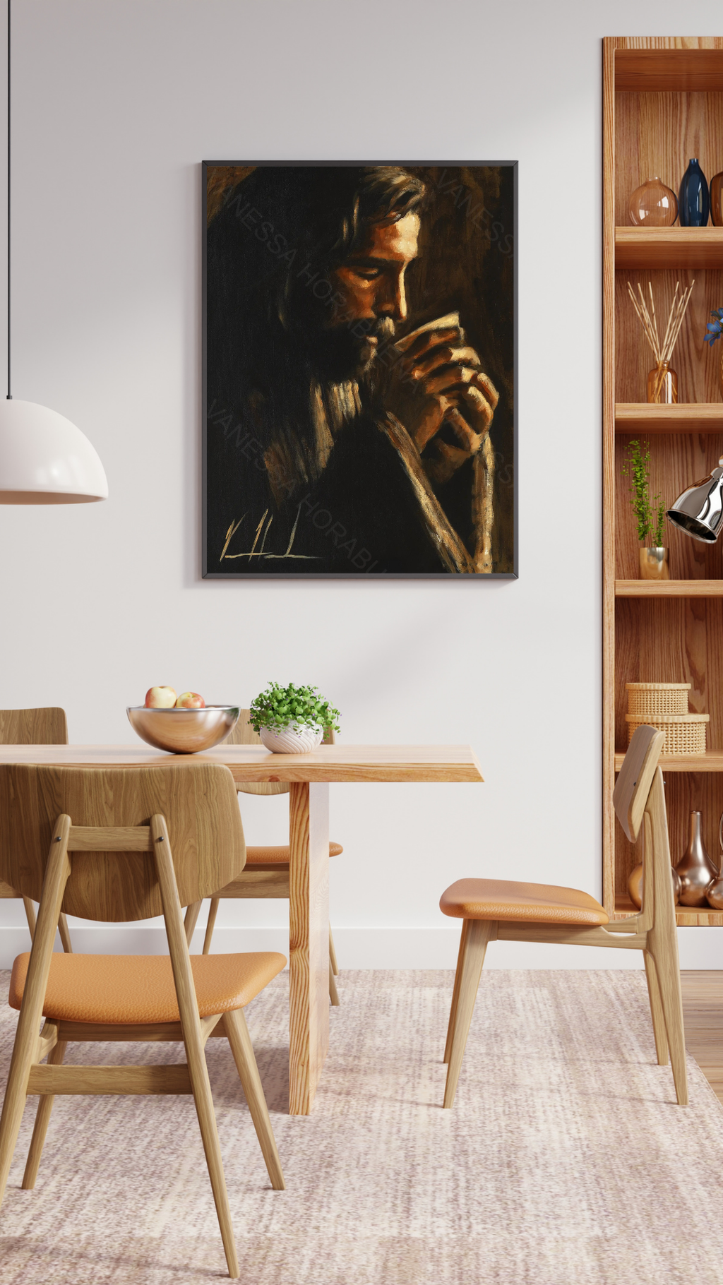 Framed portrait artwork of a man drinking from a cup, dark tones and warm light
