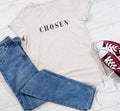 Cream graphic T-shirt with CHOSEN lettering on the front
