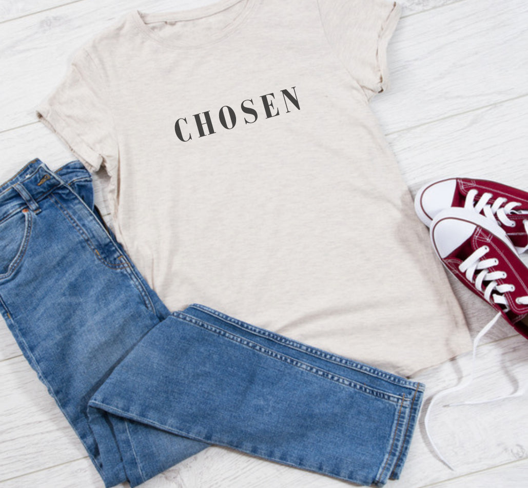 Cream graphic T-shirt with CHOSEN lettering on the front