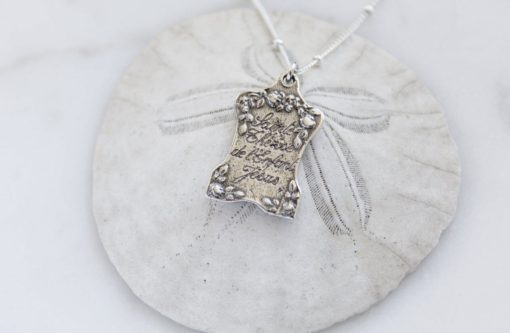 St. Therese of Lisieux 925 sterling silver necklace, textured saint pendant on chain