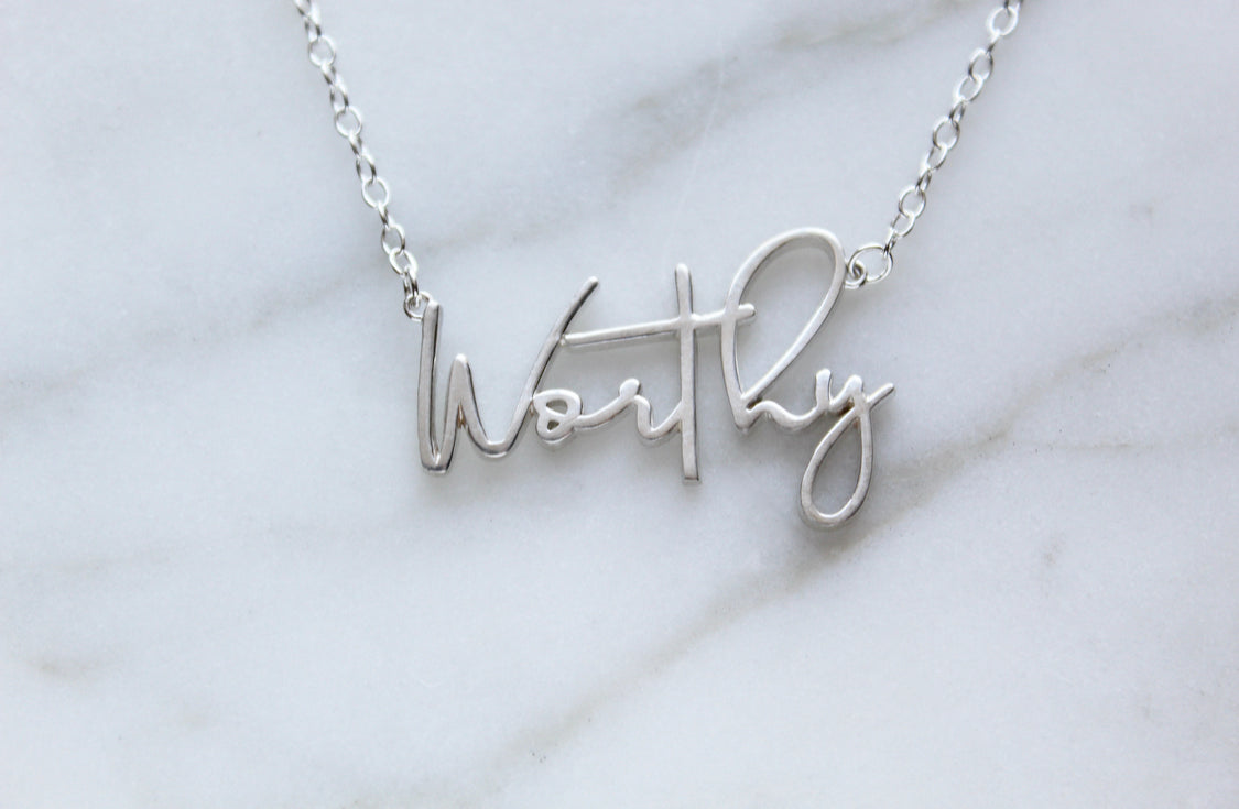 Sterling silver Worthy pendant necklace with script pendant