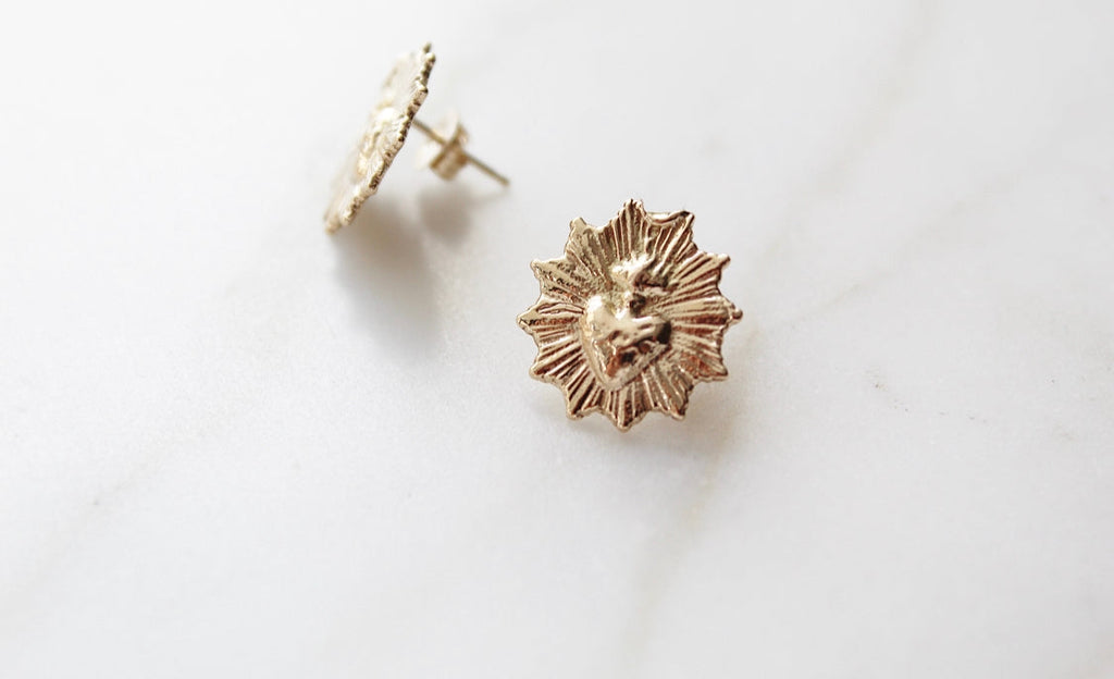 Gold vermeil sacred heart stud earring with butterfly back, round floral cross