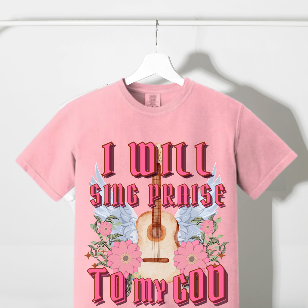 Blossom pink graphic T-shirt with guitar, flowers, and “sing praise” text