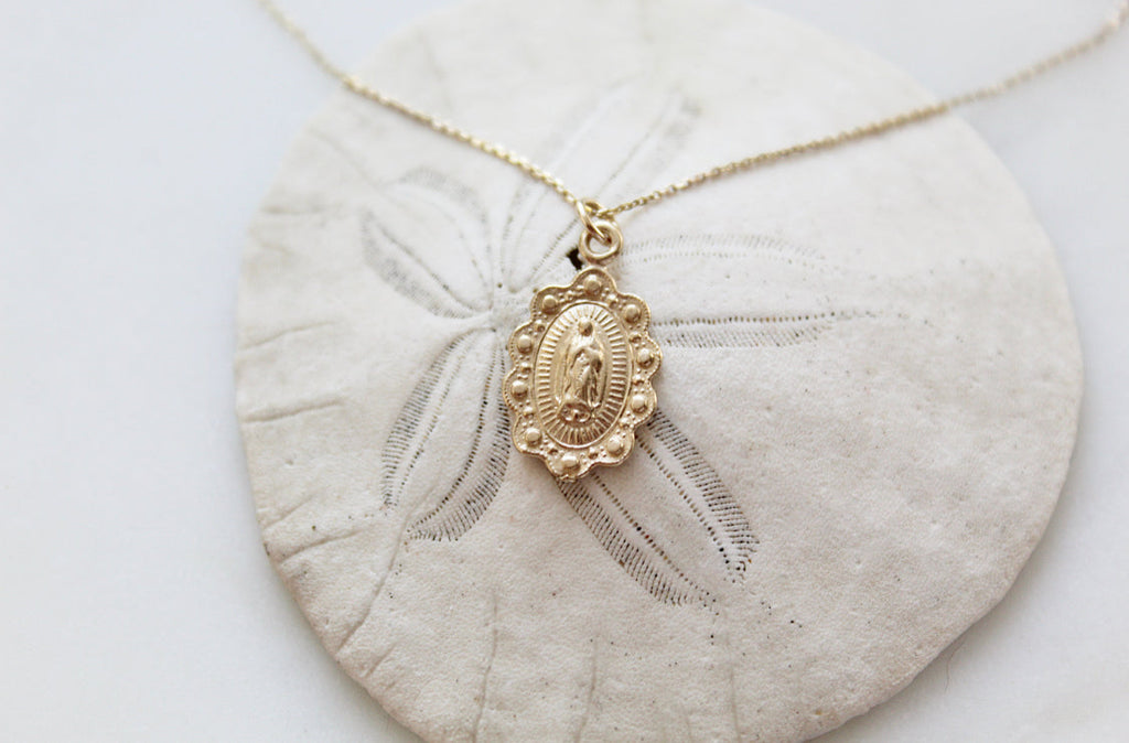 14k gold Our Lady of Guadalupe scalloped pendant necklace with fine chain