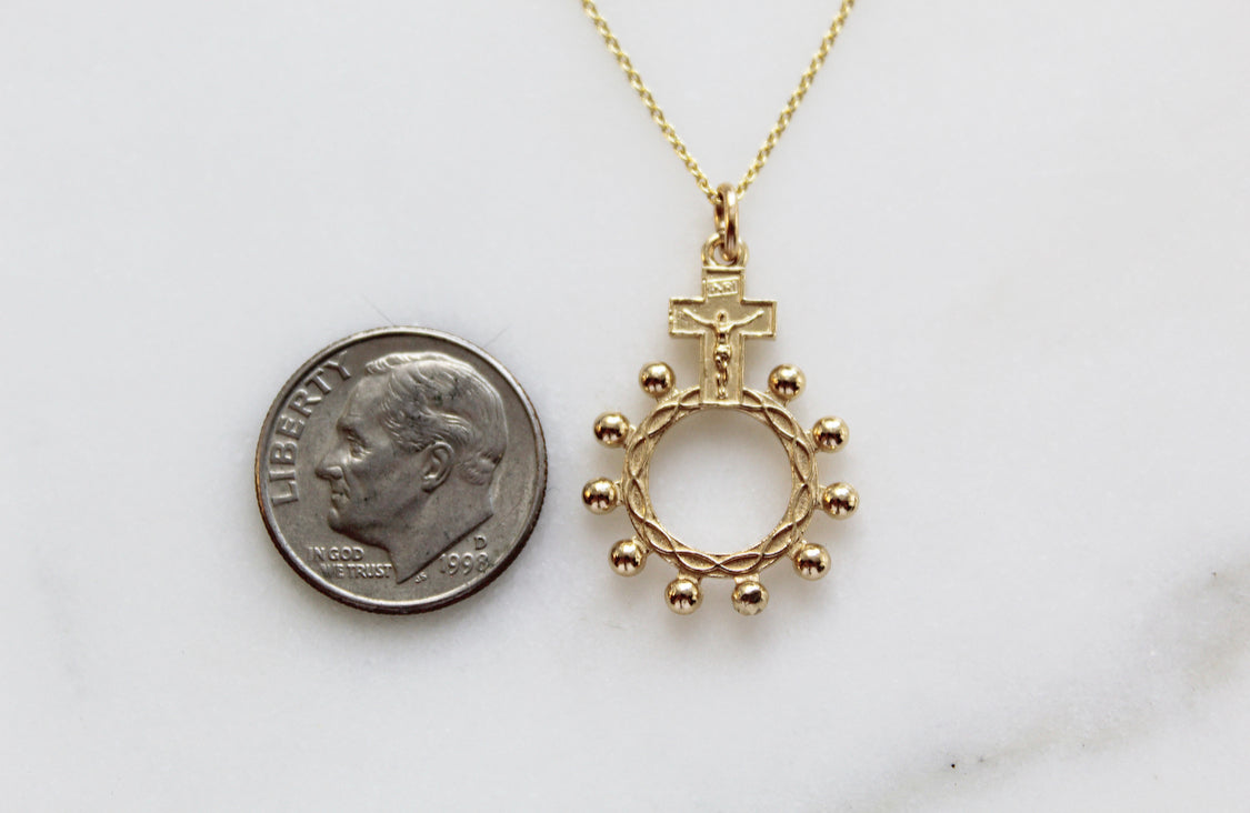 14k gold rosary bead necklace pendant with cross top and circular bead halo ring