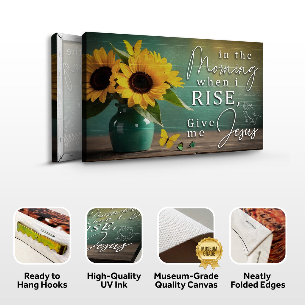 Landscape faith wall art canvas with sunflowers and white script text, side depth view