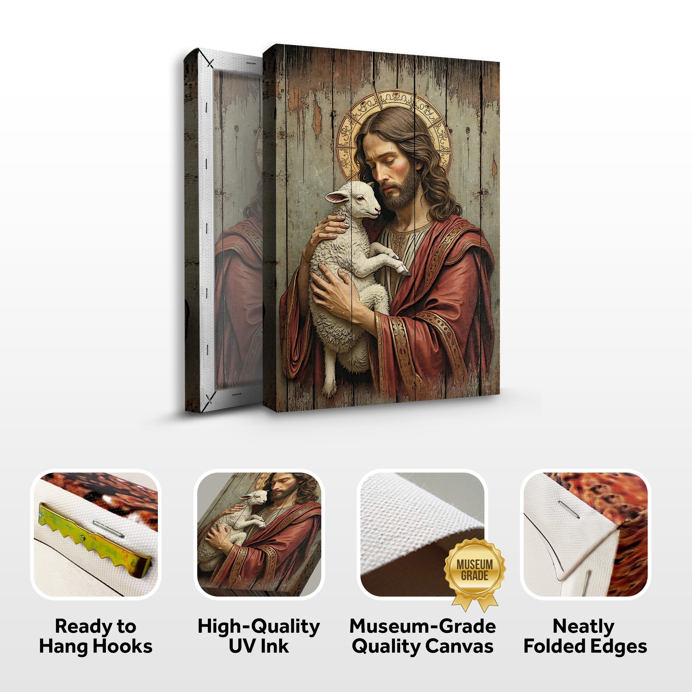 Jesus the Good Shepherd wall art in packaging with four canvas feature icons