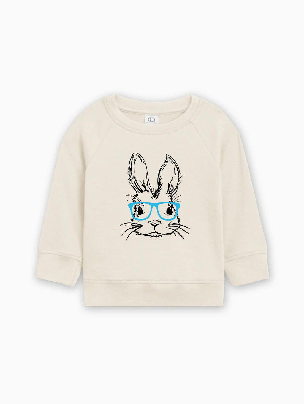 Baby pullover with bunny graphic wearing blue glasses, cream