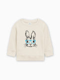 Baby pullover with bunny graphic wearing blue glasses, cream