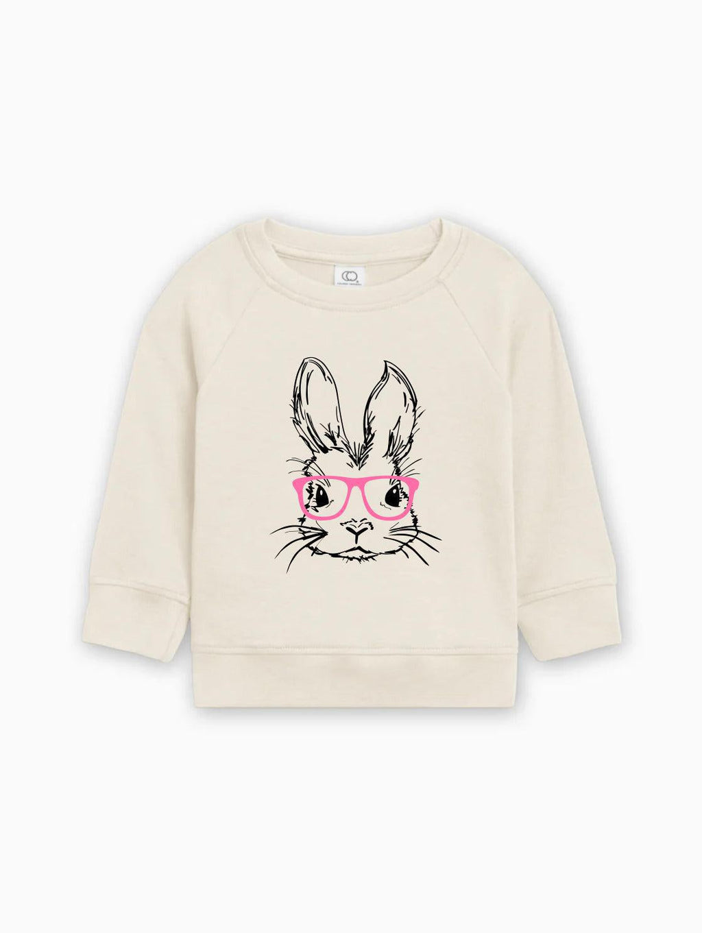 Organic cotton baby pullover in natural with bunny face graphic and pink glasses