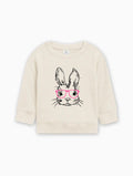 Organic cotton baby pullover in natural with bunny face graphic and pink glasses