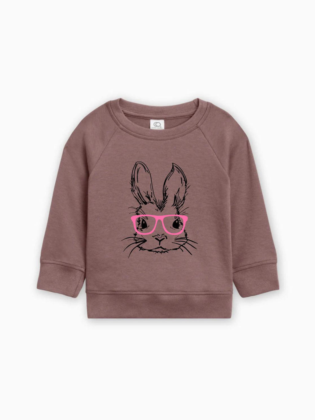 Organic cotton baby pullover in dusty mauve with bunny face graphic and pink glasses