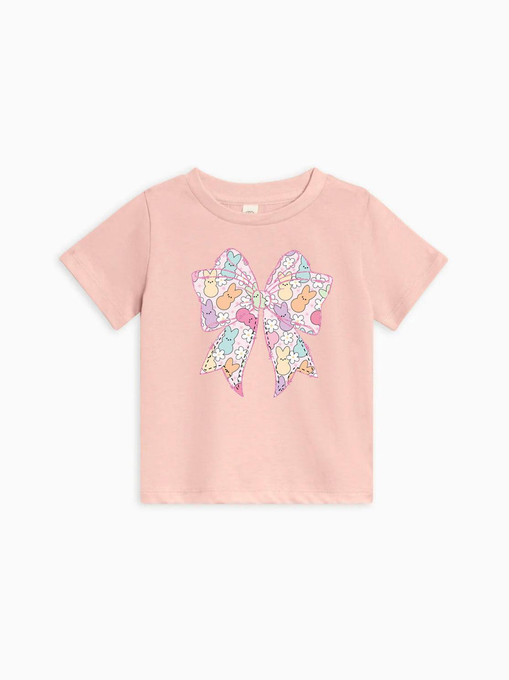 Pink short sleeve baby T-shirt with pastel Easter egg bunny bow graphic