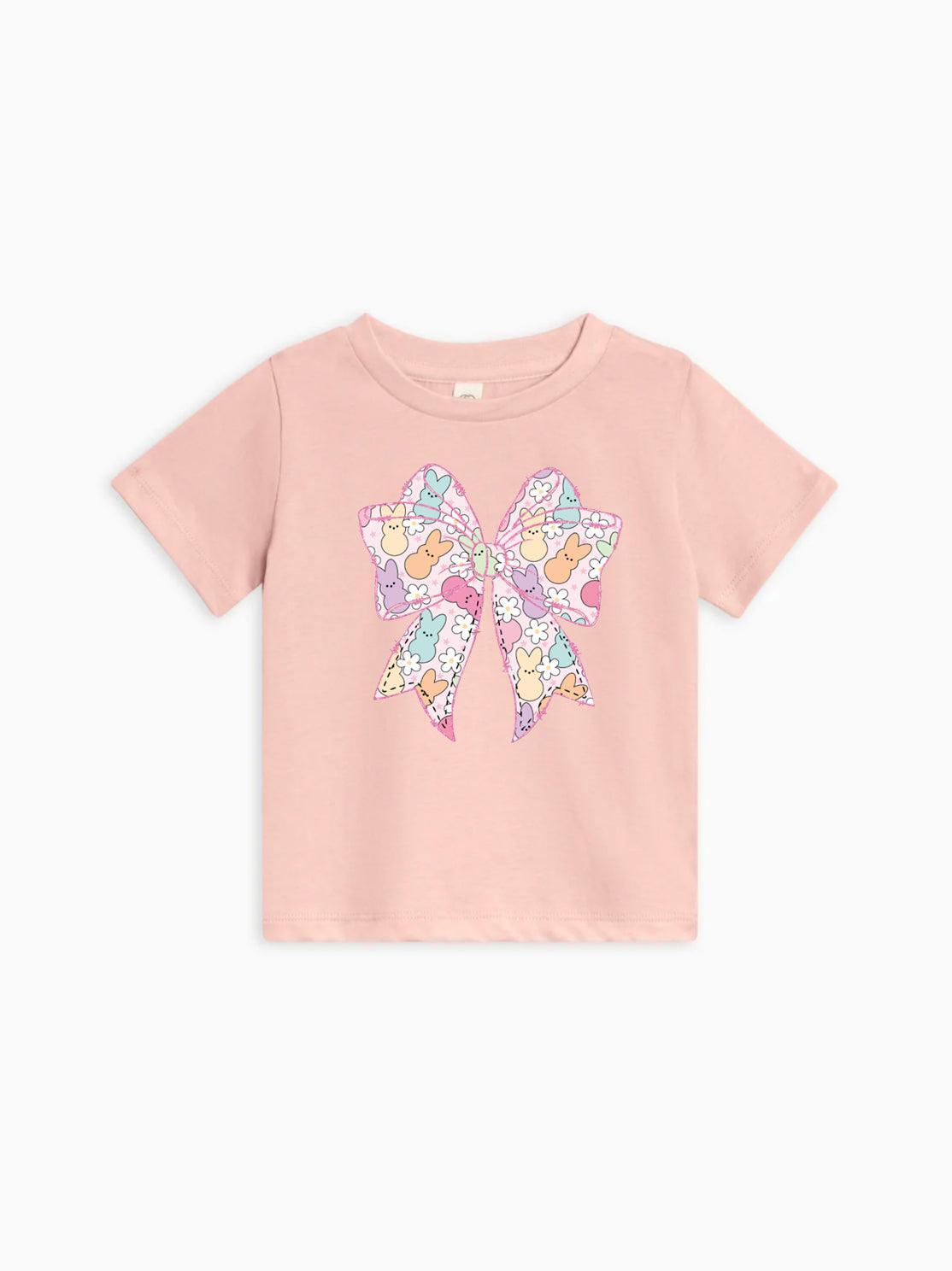 Pink short sleeve baby T-shirt with pastel Easter egg bunny bow graphic