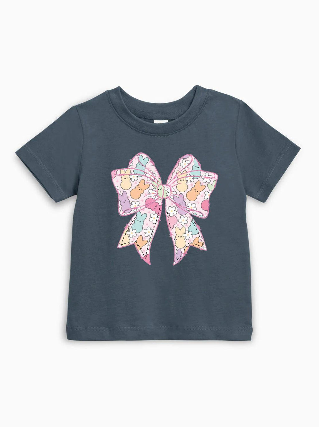 Navy short sleeve baby T-shirt with pastel Easter egg bunny bow graphic
