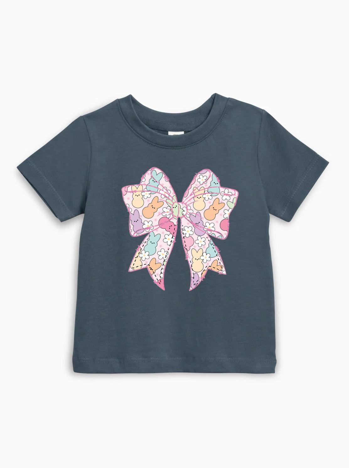 Navy short sleeve baby T-shirt with pastel Easter egg bunny bow graphic