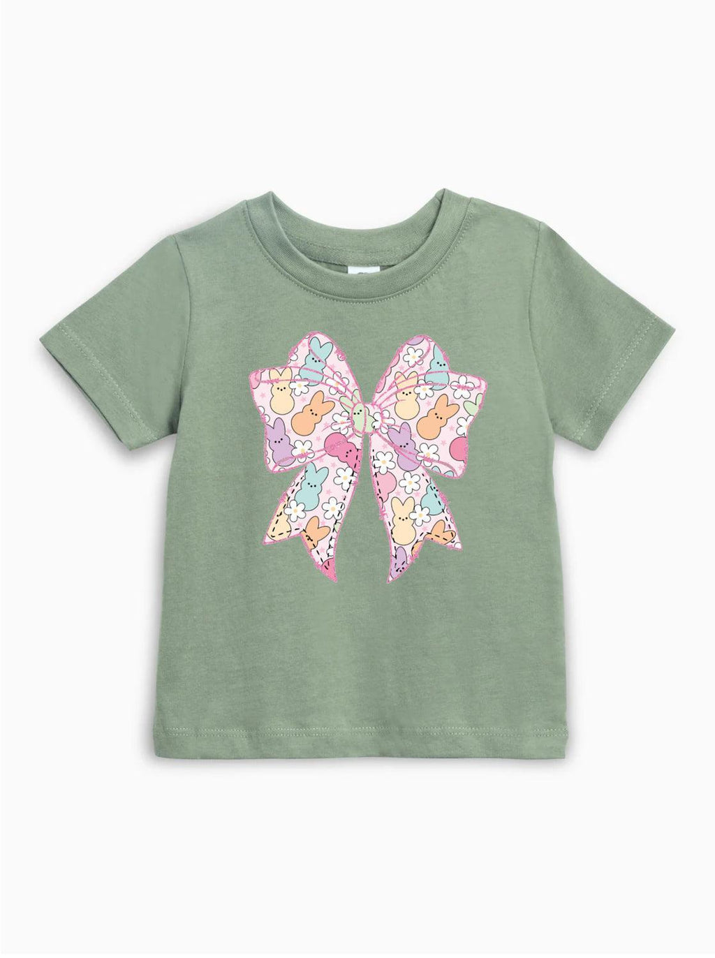 Green short sleeve baby T-shirt with pastel Easter egg bunny bow graphic