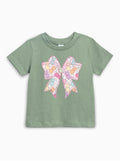 Green short sleeve baby T-shirt with pastel Easter egg bunny bow graphic