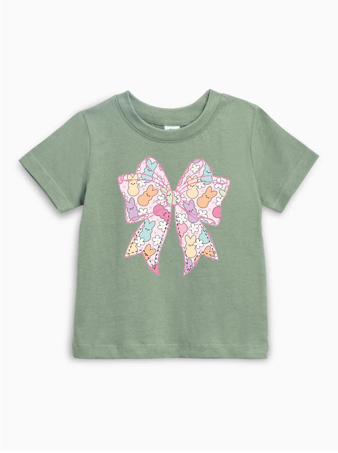 Green short sleeve baby T-shirt with pastel Easter egg bunny bow graphic