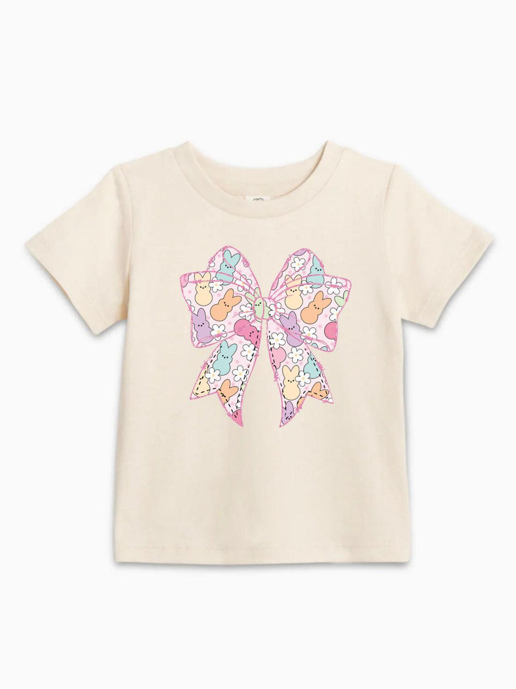 Cream short sleeve baby T-shirt with pastel Easter egg bunny bow graphic