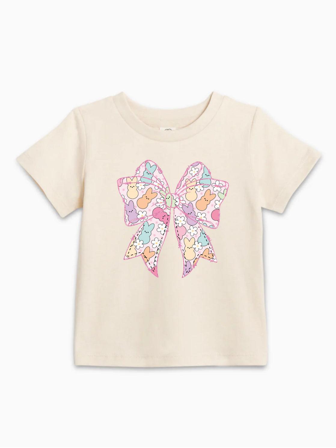 Cream short sleeve baby T-shirt with pastel Easter egg bunny bow graphic